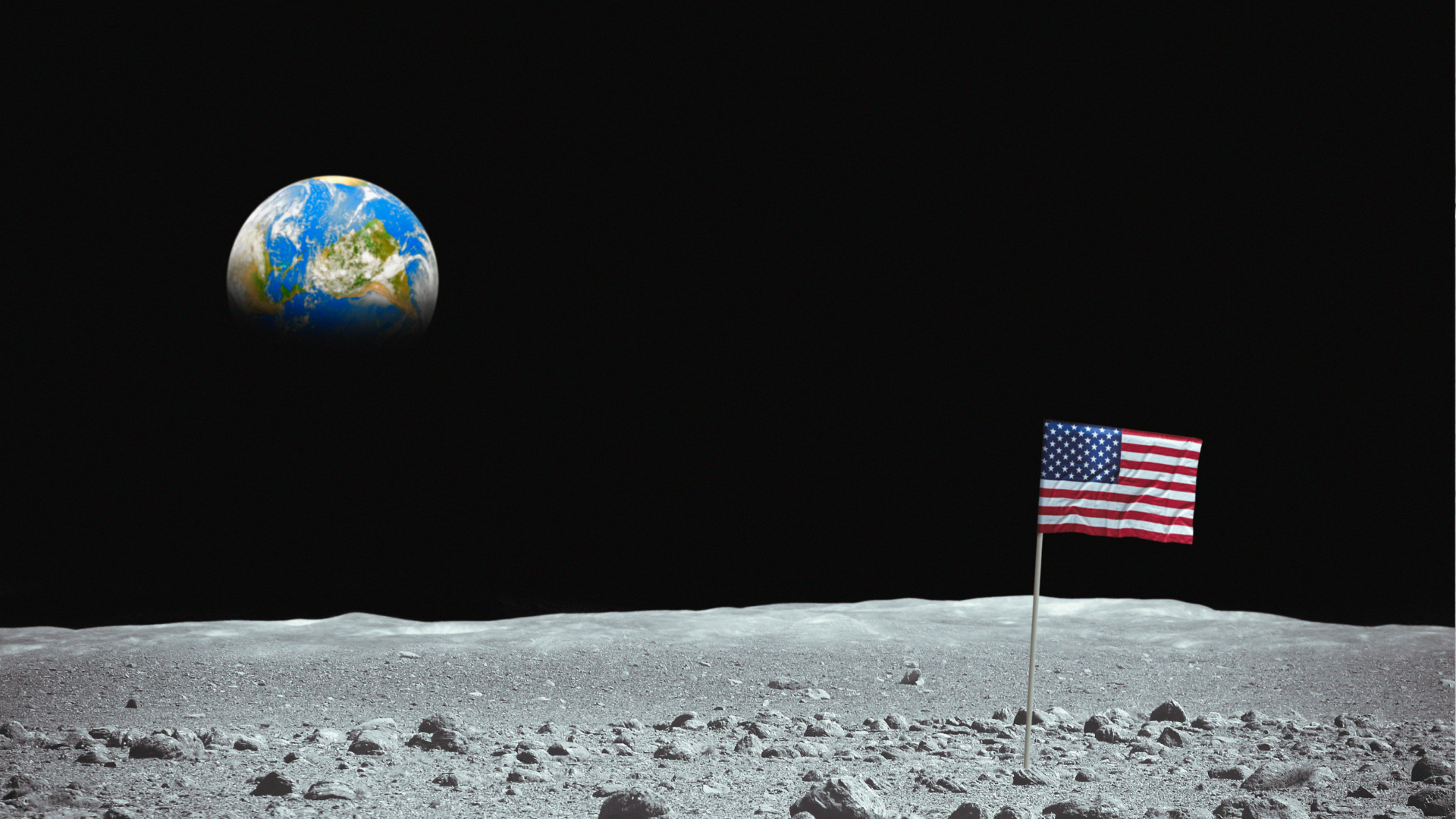 The American flag on the moon with the Earth in the background sky