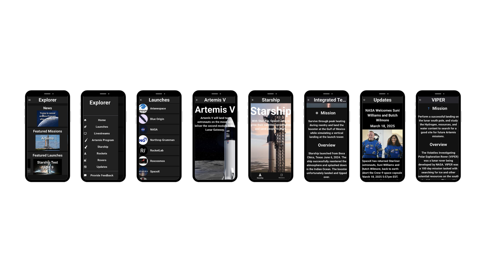 Screenshots of the mobile app, Explorer